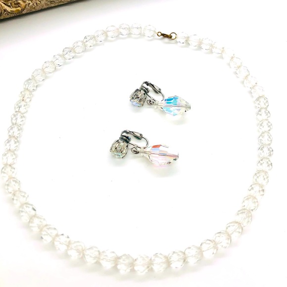 Vintage Deco Crystal Beas Necklace & AB crystal Earrings - Picture 1 of 11